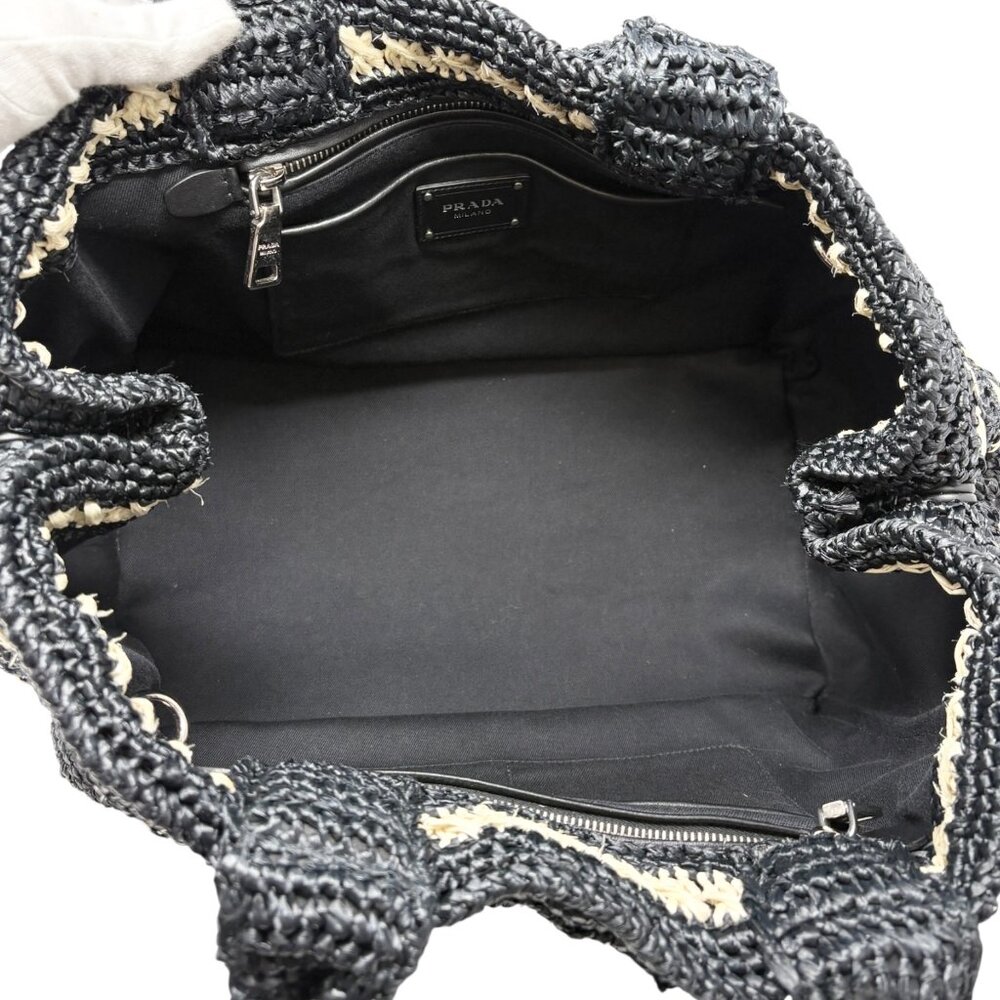 PRADA Vintage Triangle Logo Canapa Tote Bag Handbag Black Beige Raffia [106401] - Picture 8 of 15